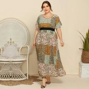 Весенне-летнее женское платье больших размеров с v-образным вырезом и длинным рукавом с цветочным принтом XL зелёный