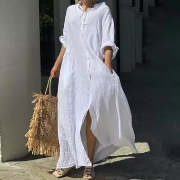 Весенне-летнее женское платье больших размеров, свободное чистое цветное однобортное платье с V-образным вырезом и длинными рукавами, мягкое дышащее повседневное платье макси M темно-синий