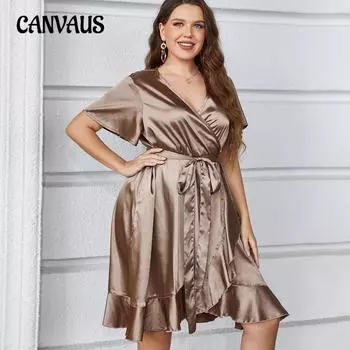 Весенне-летнее женское платье больших размеров, имитация шелкового кардигана, платья с завязками 1XL светло-коричневого
