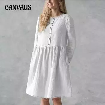 Весенне-летнее женское платье больших размеров, модное повседневное однотонное хлопковое льняное платье с круглым вырезом и карманом на пуговицах, с длинным рукавом XS белый