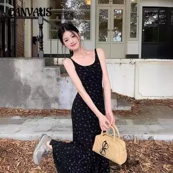 Весенне-летнее женское платье больших размеров с завышенной талией и цветочным принтом с бретельками L