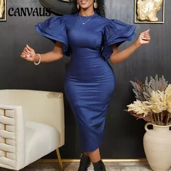 Весенне-летнее женское платье больших размеров, модное однотонное джинсовое платье с расклешенными рукавами, хип-платья S темно-синий