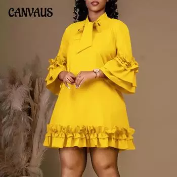 Весенне-летнее женское платье больших размеров, свободные повседневные однотонные платья с рюшами и рукавами и галстуком S красный