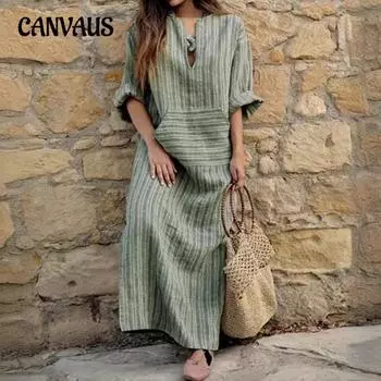 Весенне-летнее женское платье больших размеров, свободные длинные платья с карманами и цветным плетением