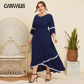 Весенне-летнее женское платье большого размера, кружевное платье с круглым вырезом и средним рукавом, однотонные свободные платья XL темно-синий