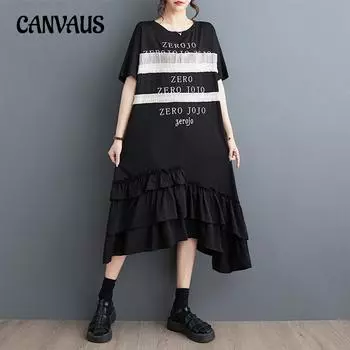 Весенне-летнее женское платье-футболка больших размеров, повседневные платья с деревянными ушками и буквенным принтом One Size белый/чёрный