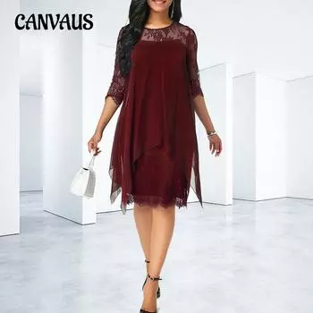 Весенне-летнее женское платье Элегантное стильное кружевное платье с семью рукавами средней длины до колена S бордовый