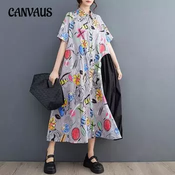 Весенне-летнее женское платье литературного размера плюс, свободные тонкие платья с принтом, повседневные платья средней длины с короткими рукавами One Size