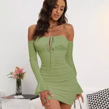 Весенне-летнее женское платье на шнуровке с одной линией плеча, с длинным рукавом, облегающее, с сумкой и сексуальным лифом XS светло-синий