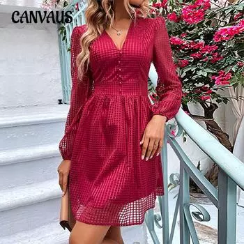 Весенне-летнее женское платье, полые короткие платья трапециевидной формы с V-образным вырезом и длинными рукавами XS бордовый