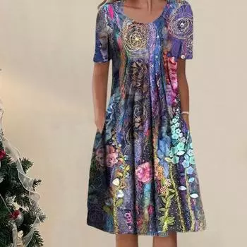Весенне-летнее женское платье с цветочным принтом и короткими рукавами, трапециевидное платье с большим подолом, плиссированные, свободные боковые карманы, длиной до колена, с круглым вырезом, платье для свиданий, покупок, отпуска 2XL синий