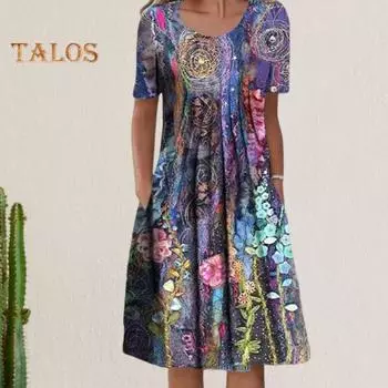 Весенне-летнее женское платье с цветочным принтом и короткими рукавами, трапециевидное платье с большим подолом, плиссированные, свободные боковые карманы, длиной до колена, с круглым вырезом, платье для свиданий, покупок, отпуска 3XL красный