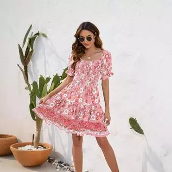 Весенне-летнее женское платье с цветочным принтом на талии в стиле бохо для отдыха и путешествий S чёрный