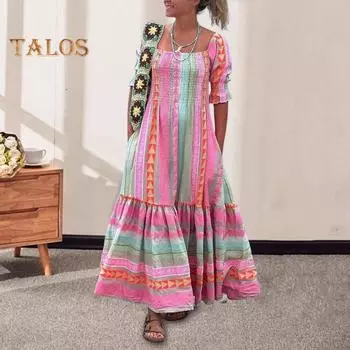 Весенне-летнее женское платье с квадратным вырезом и геометрическим принтом в богемном стиле, плиссированное лоскутное платье с короткими рукавами, пляжное платье макси для отпуска XL розовый