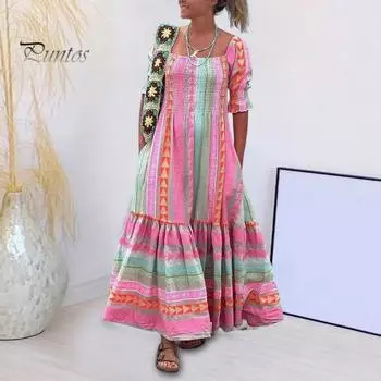 Весенне-летнее женское платье с квадратным вырезом и геометрическим принтом в богемном стиле, плиссированное лоскутное платье с короткими рукавами, пляжное платье макси для отпуска XL розовый