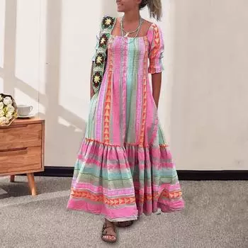Весенне-летнее женское платье с квадратным вырезом и геометрическим принтом в богемном стиле, плиссированное лоскутное платье с короткими рукавами, пляжное платье макси для отпуска S розовый