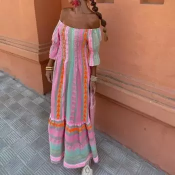 Весенне-летнее женское платье с квадратным вырезом и геометрическим принтом в богемном стиле, плиссированное лоскутное платье с короткими рукавами, пляжное платье макси для отпуска XL розовый
