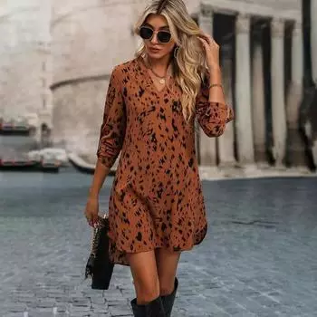 Весенне-летнее женское платье с леопардовым принтом и воротником-стойкой с длинными рукавами S светло-коричневого