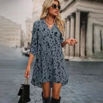 Весенне-летнее женское платье с леопардовым принтом и воротником-стойкой с длинными рукавами S светло-коричневого