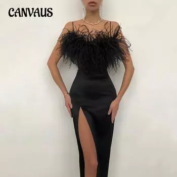 Весенне-летнее женское платье с лямкой на шее, платье с перьями, банкетное тонкое темпераментное платье, вечернее платье S розовый