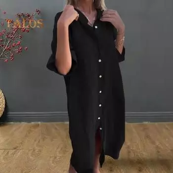 Весенне-летнее женское платье с отложным воротником, свободными рукавами и половиной рукавов, сплошной цвет, однобортная рубашка с разрезом по краю, повседневное платье-миди длиной до середины икры M хаки