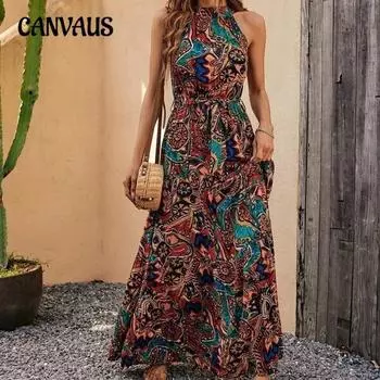 Весенне-летнее женское платье с принтом, винтажные богемные платья с подвесным воротником, платье без рукавов S