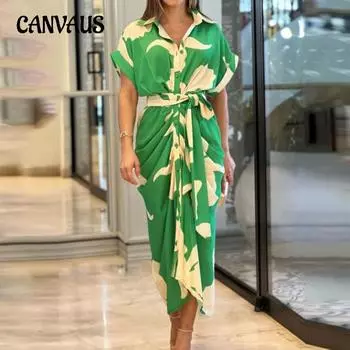 Весенне-летнее женское платье с принтом и лацканами с короткими рукавами и высокой талией, длинные платья-рубашки S зелёный