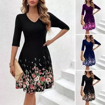 Весенне-летнее женское платье с v-образным вырезом и цветочным принтом трапециевидной формы с длинным рукавом и длинными рукавами, облегающее дышащее платье длиной до колена для вечеринок, выпускного вечера, миди-платье S синий