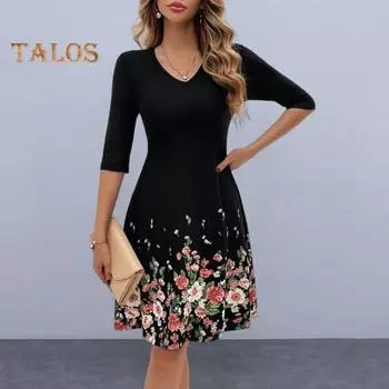 Весенне-летнее женское платье с v-образным вырезом и цветочным принтом трапециевидной формы с длинным рукавом и длинными рукавами, облегающее дышащее платье длиной до колена для вечеринок, выпускного вечера, миди-платье S фиолетовый