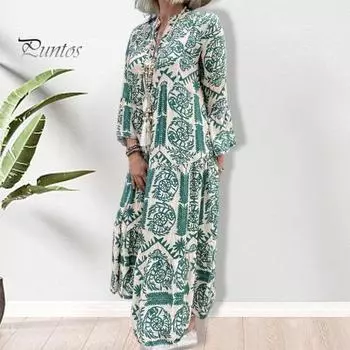 Весенне-летнее женское платье с V-образным вырезом и цветочным принтом, свободное трапециевидное платье с большими качелями и длинными рукавами, богемное этническое платье больших размеров для отпуска, пляжное платье макси L красный