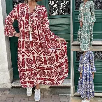 Весенне-летнее женское платье с v-образным вырезом и цветочным принтом, свободное трапециевидное платье с длинными рукавами в богемном этническом стиле L красный