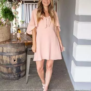 Весенне-летнее женское платье с v-образным вырезом и бантом с коротким рукавом, однотонные короткие платья миди S розовый