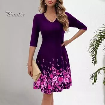 Весенне-летнее женское платье с v-образным вырезом и цветочным принтом трапециевидной формы с длинным рукавом и длинными рукавами, облегающее дышащее платье длиной до колена для вечеринок, выпускного вечера, миди-платье S фиолетовый