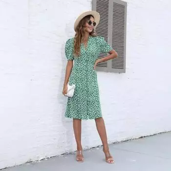 Весенне-летнее женское платье с V-образным вырезом и короткими рукавами с цветочным принтом S зелёный