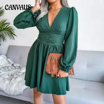 Весенне-летнее женское платье, сексуальные шифоновые плиссированные платья с v-образным вырезом S зелёный