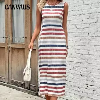 Весенне-летнее женское платье в полоску без рукавов, повседневное, темпераментное, элегантное, с разрезом, платья S абрикосовый