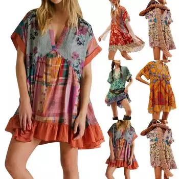 Весенне-летнее женское платье в разноцветную полоску с короткими рукавами и v-образным вырезом с принтом M имбирный