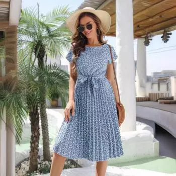 Весенне-летнее женское плиссированное длинное платье с коротким рукавом и высокой талией S синий