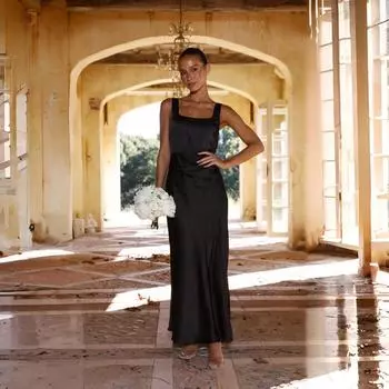 Весенне-летнее женское сексуальное длинное платье с подтяжками Женское длинное платье S чёрный