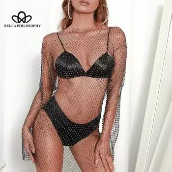 Весенне-летнее женское сексуальное платье из рыболовной сети со стразами и длинными рукавами, женское сетчатое блузка, платье только без бюстгальтера short&o-neck белый