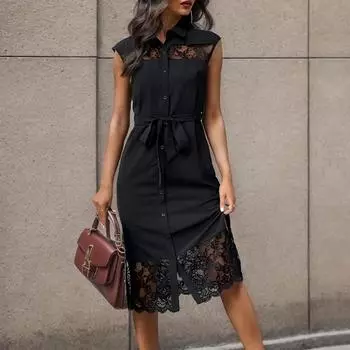 Весенне-летнее женское сплошное длинное платье с лацканами, сексуальное кружевное платье L