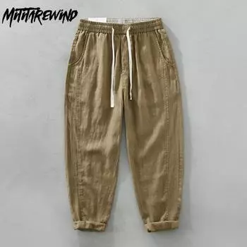 Весенне-летние 100 льняные мужские брюки, повседневные мешковатые брюки, эластичный пояс на шнурке, брюки цвета хаки, дышащие модные мужские брюки M хаки