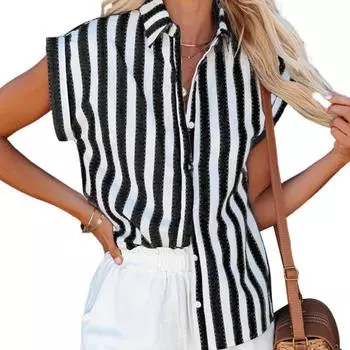 Весенне-летние блузки с лацканами, полосатая рубашка с коротким рукавом, женские свободные однобортные рубашки S чёрный