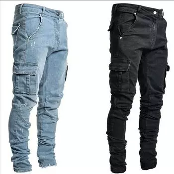 Весенне-летние брюки, джинсы, мужские брюки, повседневные хлопковые джинсовые брюки, джинсы-карго с несколькими карманами, мужские джинсовые брюки-карго, боковые карманы-карго S чёрный