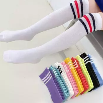 Весенне-летние детские чулки для девочек, дышащие сетчатые хлопковые однотонные носки в полоску, гольфы для девочек, красные, белые и синие XL