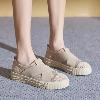 Весенне-летние дышащие плетеные одиночные туфли с круглым носком, женские универсальные туфли в стиле ретро с неглубоким горлом, плоской подошвой и мягкой подошвой 35 бежевый
