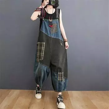 Весенне-летние джинсовые комбинезоны для женщин с большими карманами, свободные длинные джинсы, комбинезоны без рукавов на тонких бретельках, женские подтяжки M небесно-голубой
