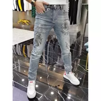 Весенне-летние европейские и американские джинсы, мужские модные модные красивые повседневные узкие брюки с ромбовидным принтом 28 синий