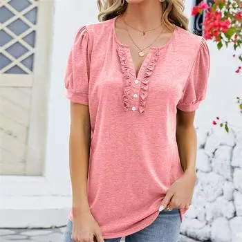 Весенне-летние футболки, однотонный женский топ, модная футболка с v-образным вырезом и пуговицами, деревянная футболка с короткими рукавами и краями ушей M белый