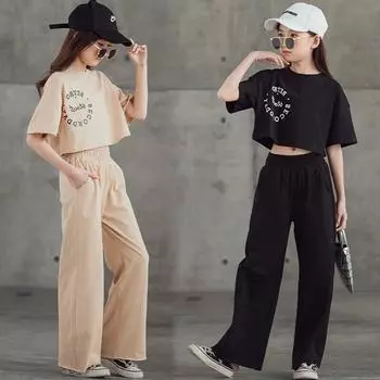 Весенне-летние комплекты одежды для девочек-подростков, детские короткие топы, футболка + брюки, детский спортивный костюм из 2 предметов 170 чёрный